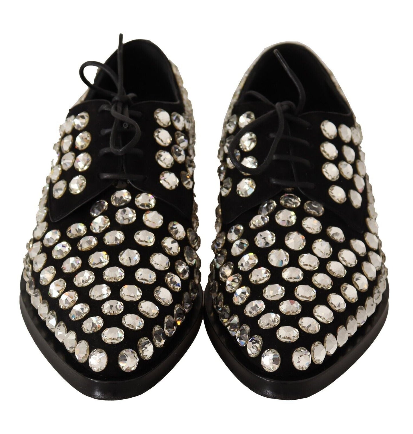Dolce & Gabbana Black Leather Crystals Lace Up Formal Shoes - SMARTMARTNZ