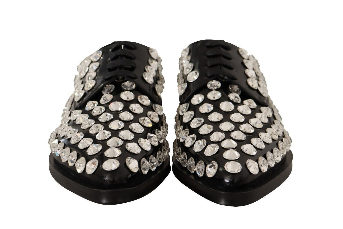 Dolce & Gabbana Black Leather Crystals Lace Up Formal Shoes - SMARTMARTNZ