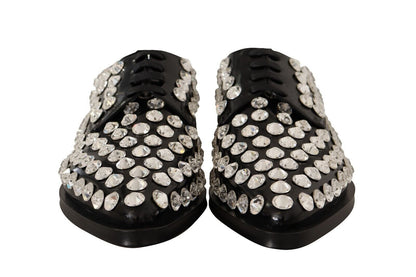 Dolce & Gabbana Black Leather Crystals Lace Up Formal Shoes - SMARTMARTNZ