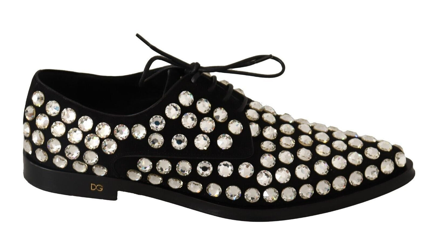 Dolce & Gabbana Black Leather Crystals Lace Up Formal Shoes - SMARTMARTNZ