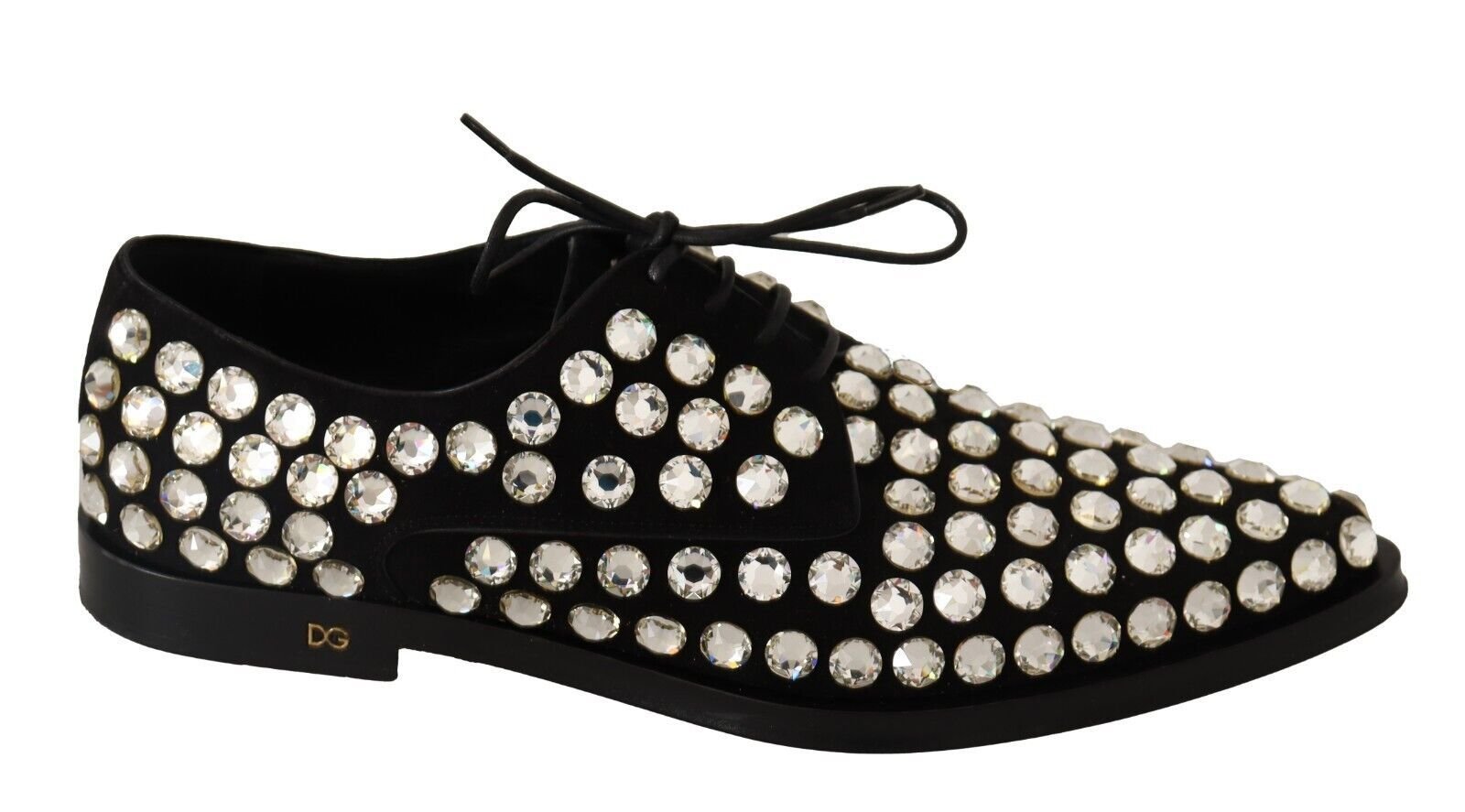 Dolce & Gabbana Black Leather Crystals Lace Up Formal Shoes - SMARTMARTNZ