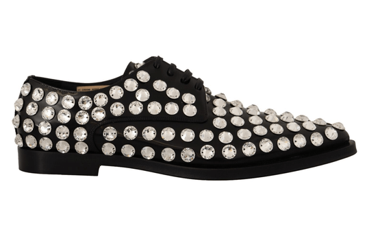 Dolce & Gabbana Black Leather Crystals Lace Up Formal Shoes - SMARTMARTNZ