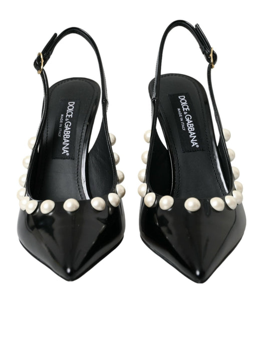 Dolce & Gabbana Black Leather Faux Pearl Heel Slingback Shoes - SMARTMARTNZ