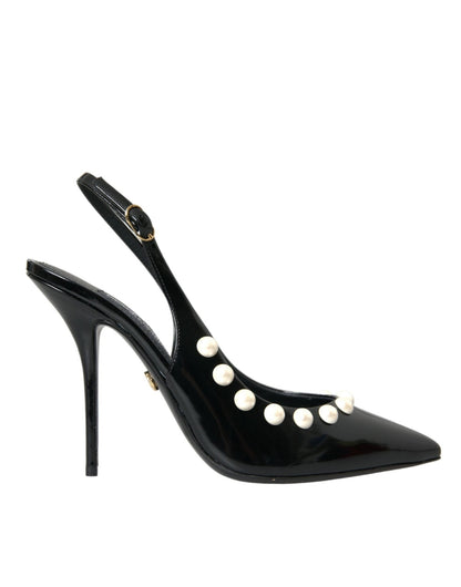 Dolce & Gabbana Black Leather Faux Pearl Heel Slingback Shoes - SMARTMARTNZ