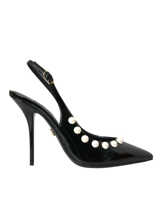 Dolce & Gabbana Black Leather Faux Pearl Heel Slingback Shoes - SMARTMARTNZ