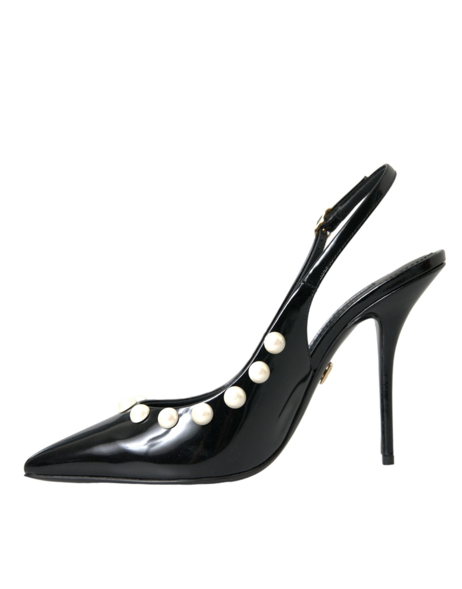 Dolce & Gabbana Black Leather Faux Pearl Heel Slingback Shoes - SMARTMARTNZ