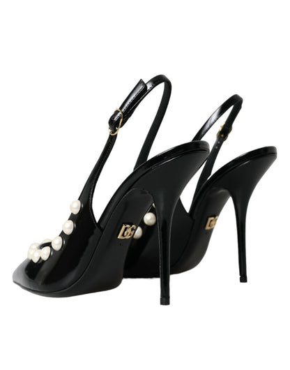 Dolce & Gabbana Black Leather Faux Pearl Heel Slingback Shoes - SMARTMARTNZ