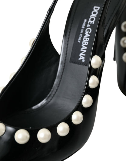 Dolce & Gabbana Black Leather Faux Pearl Heel Slingback Shoes - SMARTMARTNZ