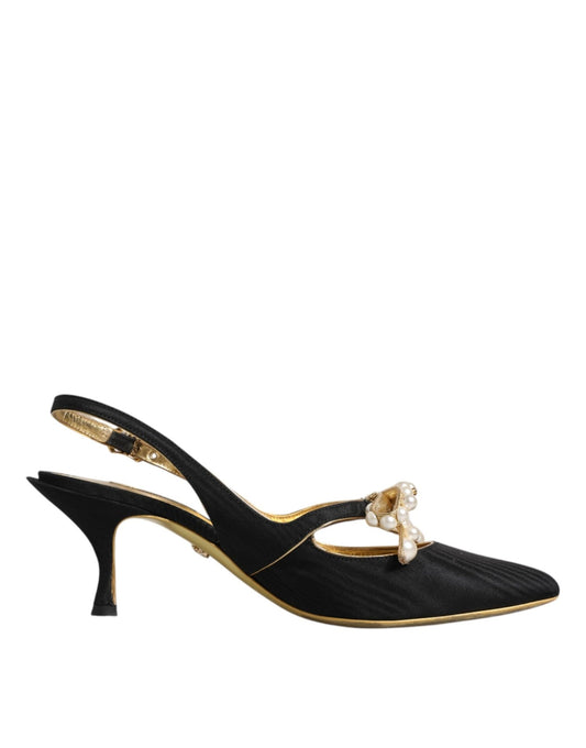 Dolce & Gabbana Black Leather Faux Pearls Slingbacks Shoes - SMARTMARTNZ