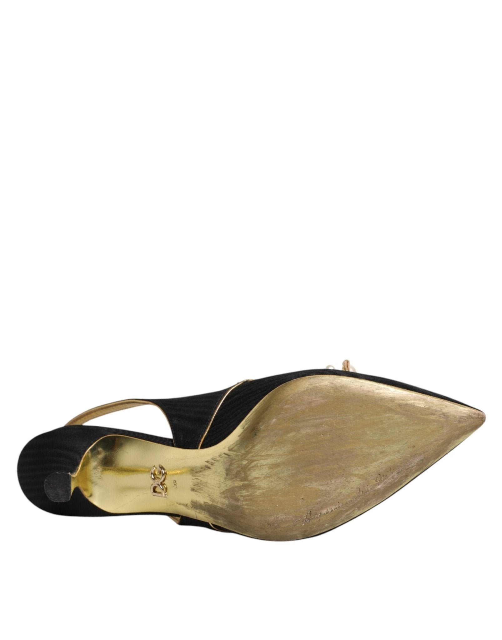 Dolce & Gabbana Black Leather Faux Pearls Slingbacks Shoes - SMARTMARTNZ