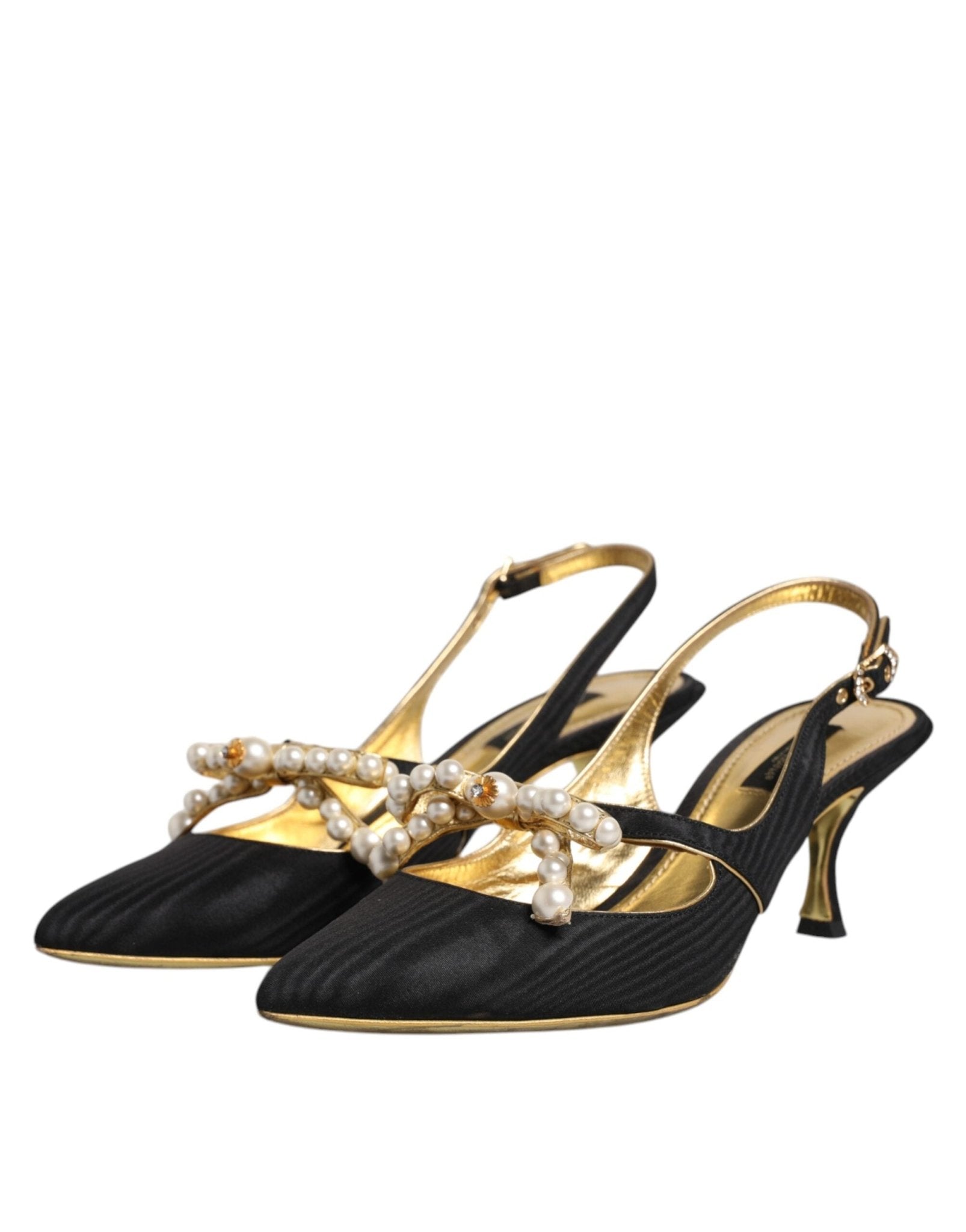 Dolce & Gabbana Black Leather Faux Pearls Slingbacks Shoes - SMARTMARTNZ