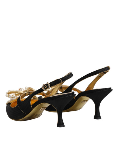 Dolce & Gabbana Black Leather Faux Pearls Slingbacks Shoes - SMARTMARTNZ