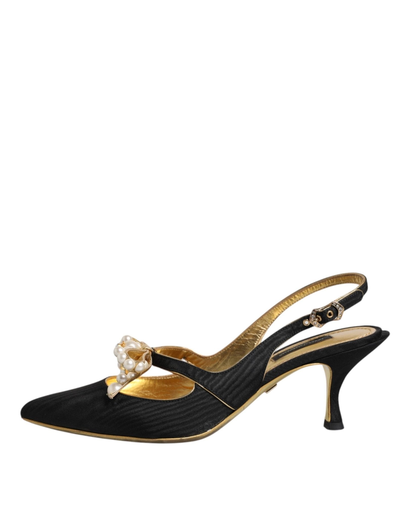 Dolce & Gabbana Black Leather Faux Pearls Slingbacks Shoes - SMARTMARTNZ