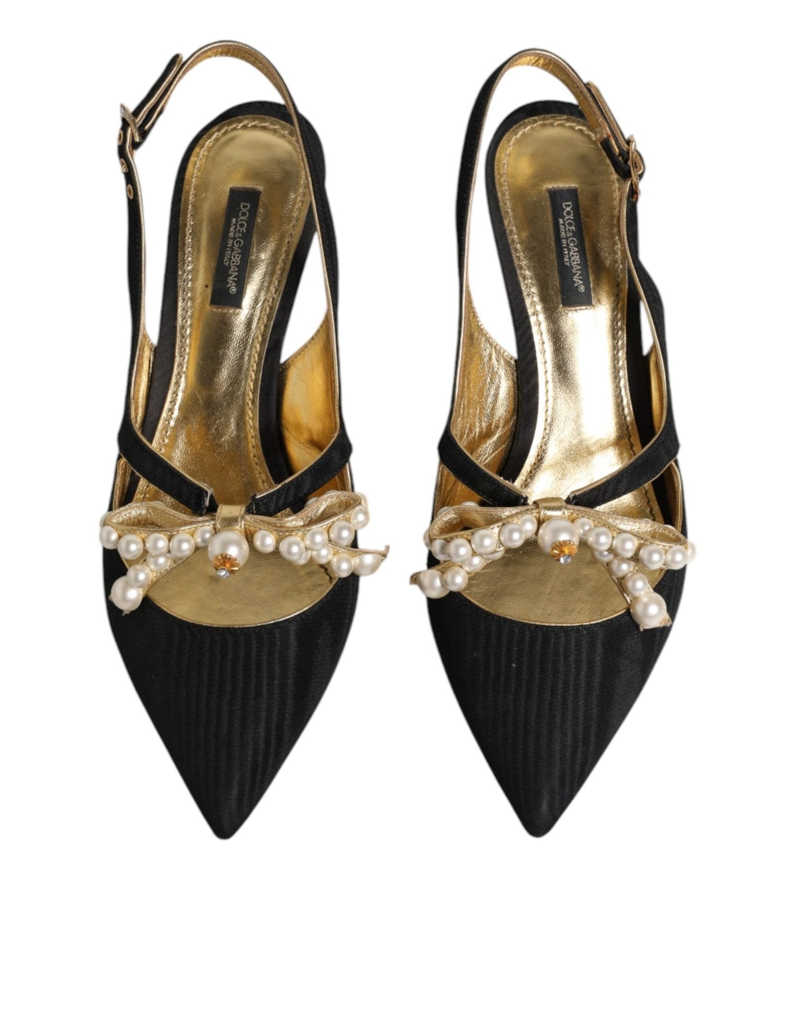 Dolce & Gabbana Black Leather Faux Pearls Slingbacks Shoes - SMARTMARTNZ