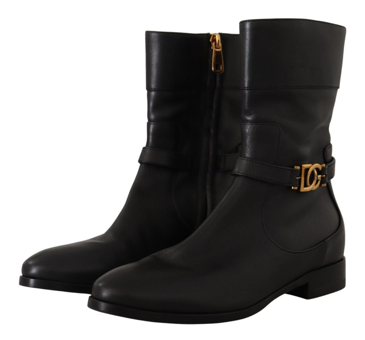 Dolce & Gabbana Black Leather Flats Logo Short Boots Shoes - SMARTMARTNZ