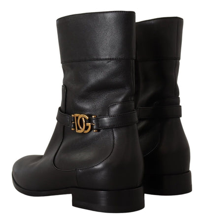 Dolce & Gabbana Black Leather Flats Logo Short Boots Shoes - SMARTMARTNZ