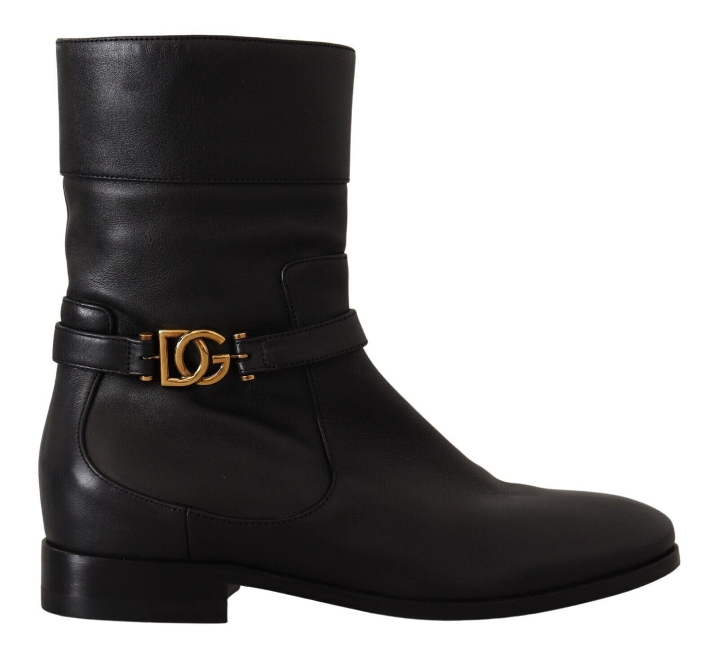 Dolce & Gabbana Black Leather Flats Logo Short Boots Shoes - SMARTMARTNZ