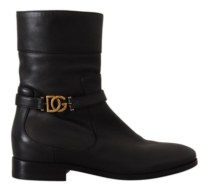 Dolce & Gabbana Black Leather Flats Logo Short Boots Shoes - SMARTMARTNZ