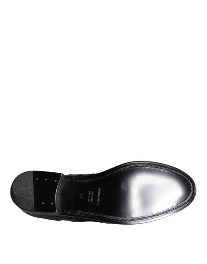 Dolce & Gabbana Black Leather Floral Lace Dress Formal Shoes - SMARTMARTNZ