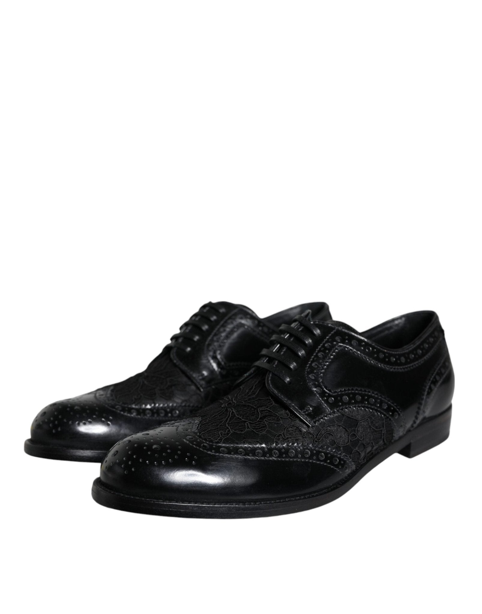 Dolce & Gabbana Black Leather Floral Lace Dress Formal Shoes - SMARTMARTNZ