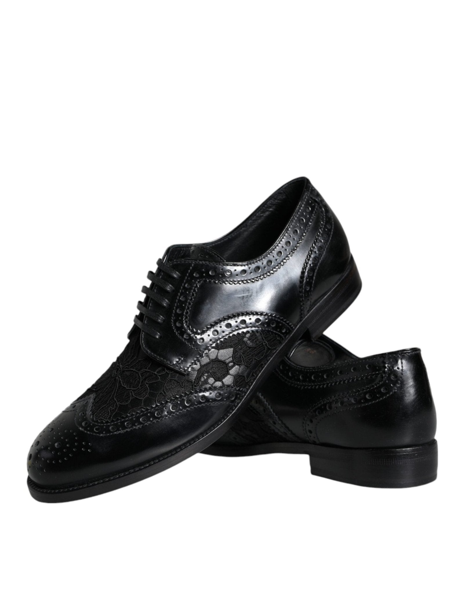 Dolce & Gabbana Black Leather Floral Lace Dress Formal Shoes - SMARTMARTNZ