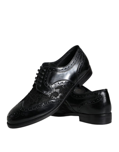 Dolce & Gabbana Black Leather Floral Lace Dress Formal Shoes - SMARTMARTNZ