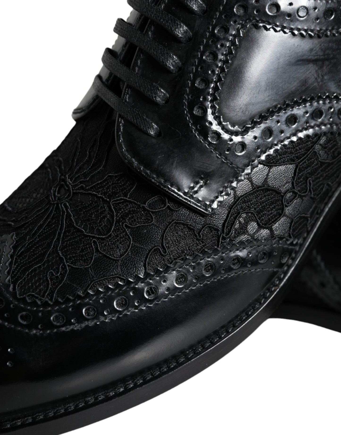 Dolce & Gabbana Black Leather Floral Lace Dress Formal Shoes - SMARTMARTNZ