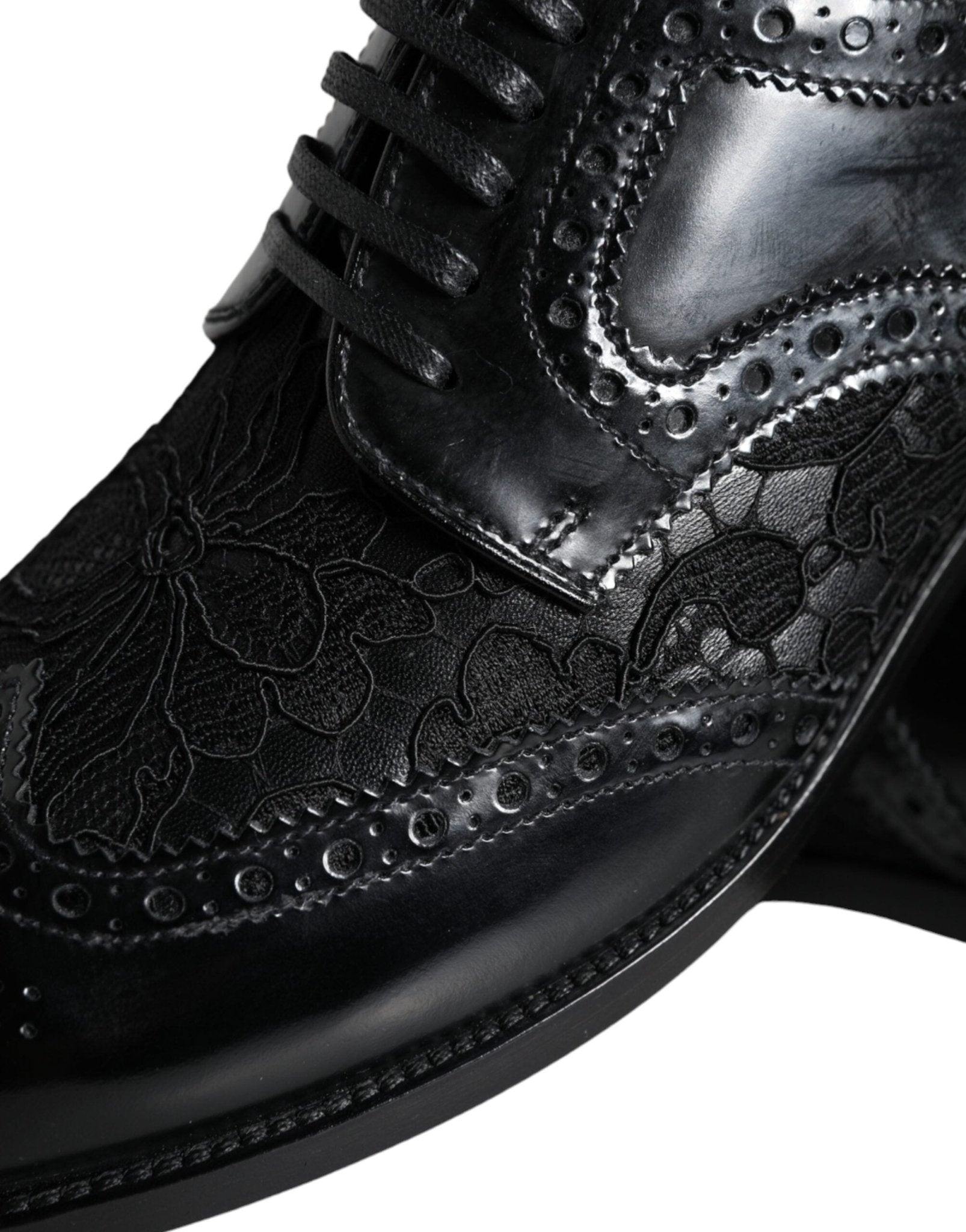 Dolce & Gabbana Black Leather Floral Lace Dress Formal Shoes - SMARTMARTNZ