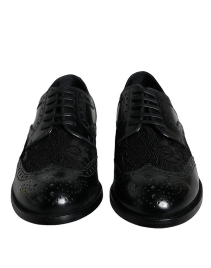 Dolce & Gabbana Black Leather Floral Lace Dress Formal Shoes - SMARTMARTNZ