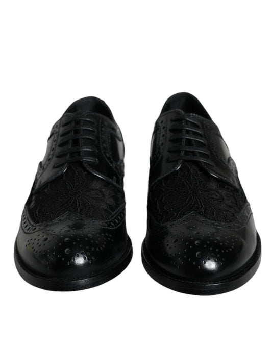 Dolce & Gabbana Black Leather Floral Lace Dress Formal Shoes - SMARTMARTNZ
