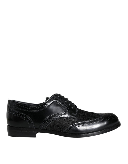 Dolce & Gabbana Black Leather Floral Lace Dress Formal Shoes - SMARTMARTNZ