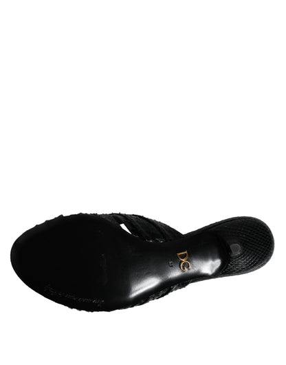 Dolce & Gabbana Black Leather Heels Slides Sandals Shoes - SMARTMARTNZ