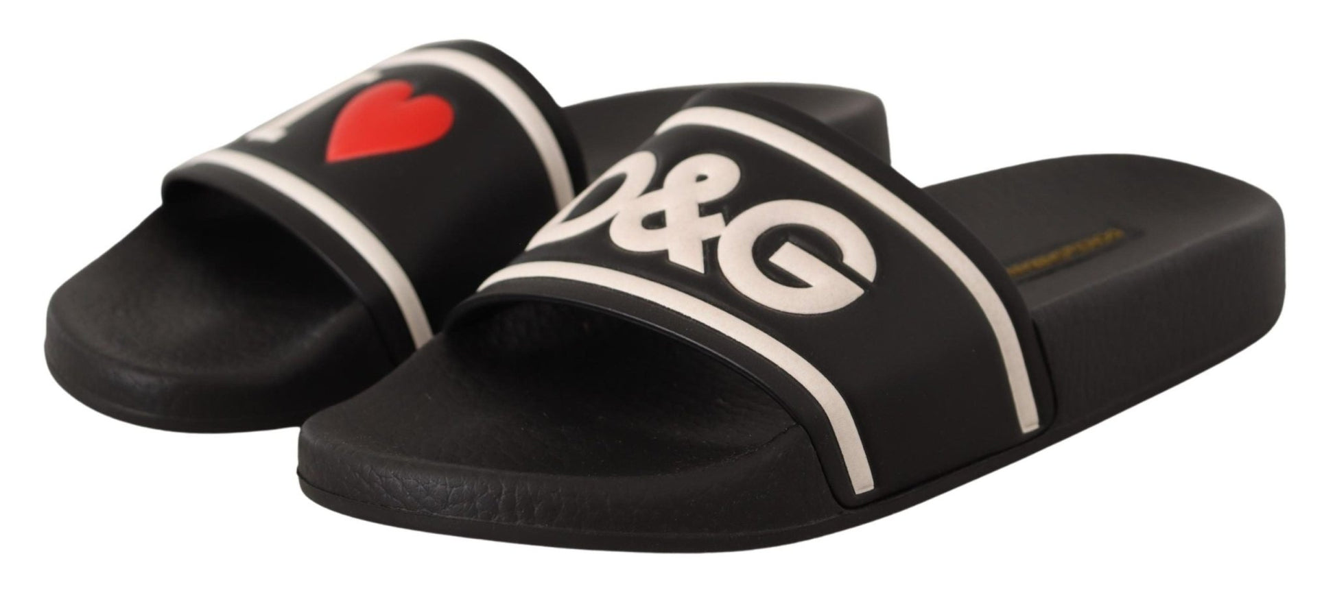 Dolce & Gabbana Black Leather I Love D&G Slides Sandals - SMARTMARTNZ
