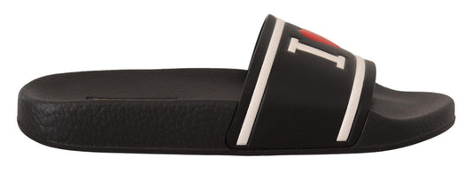 Dolce & Gabbana Black Leather I Love D&G Slides Sandals - SMARTMARTNZ