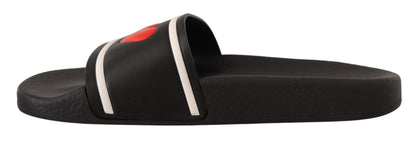 Dolce & Gabbana Black Leather I Love D&G Slides Sandals - SMARTMARTNZ