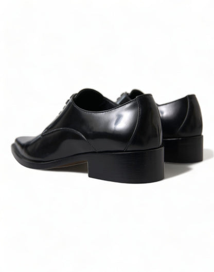 Dolce & Gabbana Black Leather Lace Up Formal Flats Shoes - SMARTMARTNZ