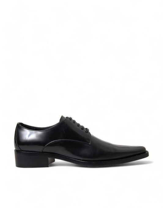 Dolce & Gabbana Black Leather Lace Up Formal Flats Shoes - SMARTMARTNZ