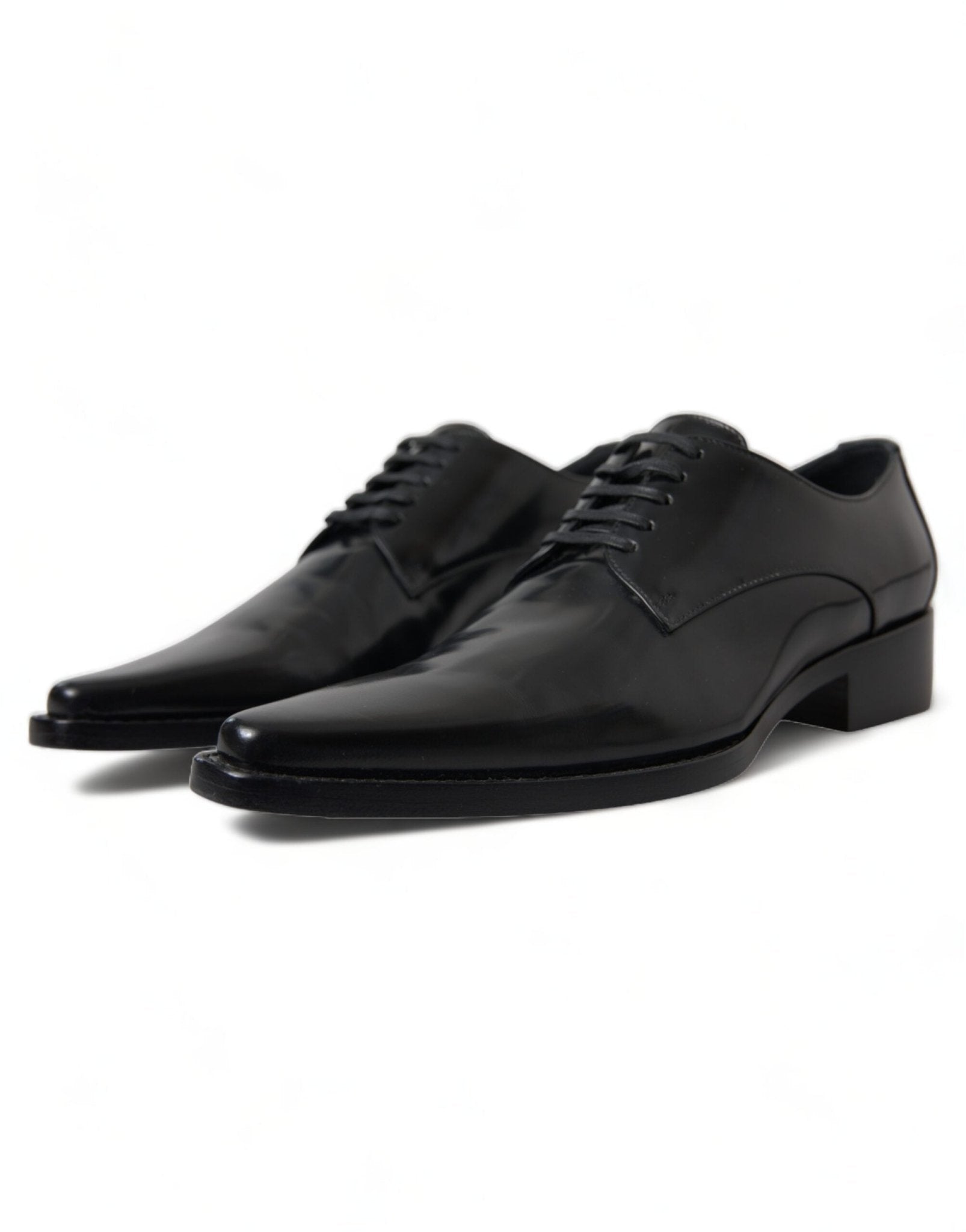 Dolce & Gabbana Black Leather Lace Up Formal Flats Shoes - SMARTMARTNZ