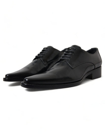 Dolce & Gabbana Black Leather Lace Up Formal Flats Shoes - SMARTMARTNZ