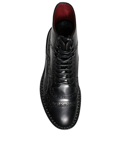 Dolce & Gabbana Black Leather Lace Up Mid Calf Boots Shoes - SMARTMARTNZ