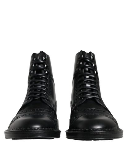 Dolce & Gabbana Black Leather Lace Up Mid Calf Boots Shoes - SMARTMARTNZ