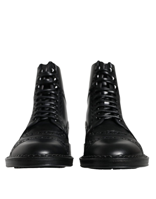 Dolce & Gabbana Black Leather Lace Up Mid Calf Boots Shoes - SMARTMARTNZ