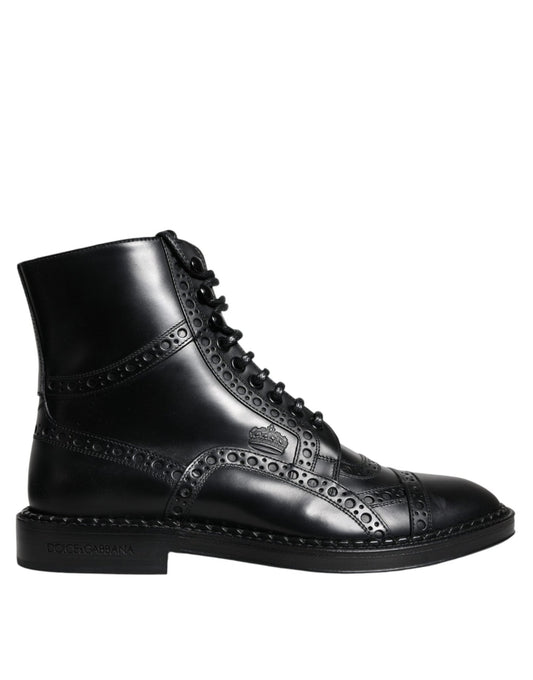 Dolce & Gabbana Black Leather Lace Up Mid Calf Boots Shoes - SMARTMARTNZ