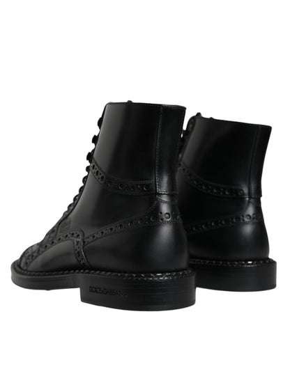 Dolce & Gabbana Black Leather Lace Up Mid Calf Boots Shoes - SMARTMARTNZ