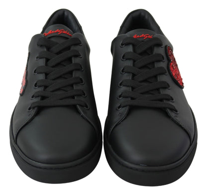 Dolce & Gabbana Black Leather Love Heart Sneakers Womens Shoes - SMARTMARTNZ