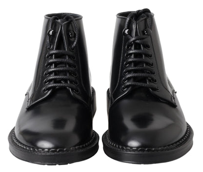 Dolce & Gabbana Black Leather Men Short Boots Lace Up Shoes - SMARTMARTNZ