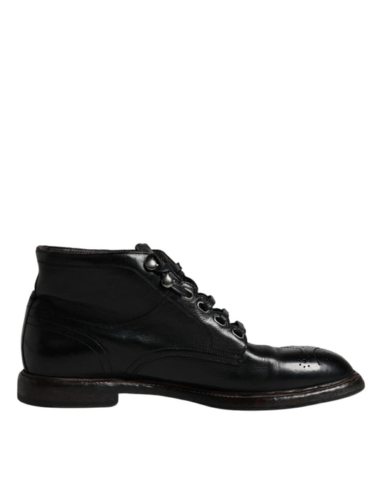 Dolce & Gabbana Black Leather Men Short Boots Lace Up Shoes - SMARTMARTNZ