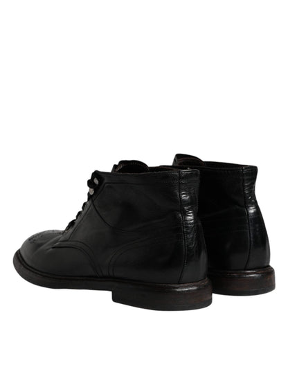 Dolce & Gabbana Black Leather Men Short Boots Lace Up Shoes - SMARTMARTNZ