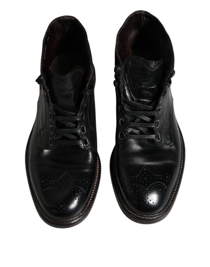 Dolce & Gabbana Black Leather Men Short Boots Lace Up Shoes - SMARTMARTNZ