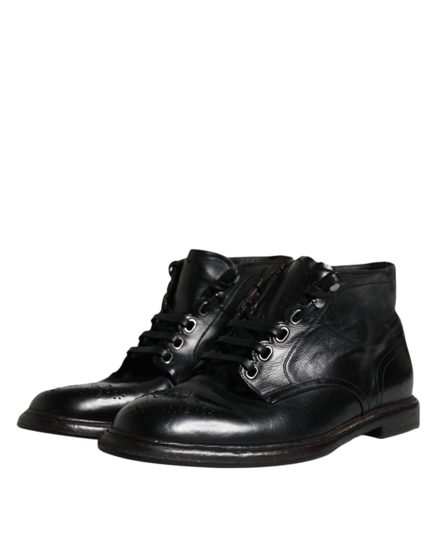 Dolce & Gabbana Black Leather Men Short Boots Lace Up Shoes - SMARTMARTNZ